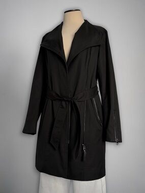 Mackage Estela Belted Trench Coat Leather Trim Black